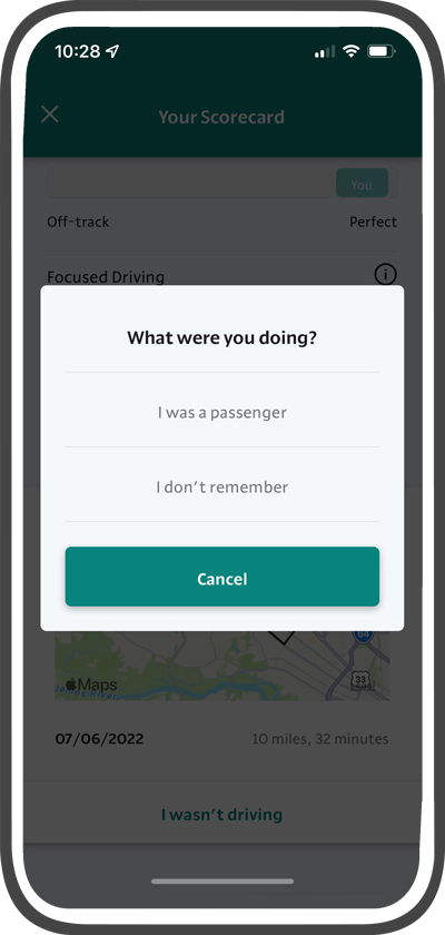 Usage based insurance, or UBI, measures driving behavior through a phone app. It starts with a Test Drive. If the Test Drive incorrectly counts a driving session, you can easily correct the error in the app.