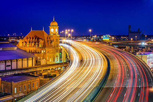 Richmond, Virgina, USA at historic Main Street Station and Interstate 95